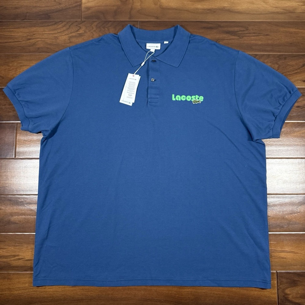 Lacoste Men's Size 2XLB / 9R Blue Logo 100% Organic Cotton‎ Polo Shirt